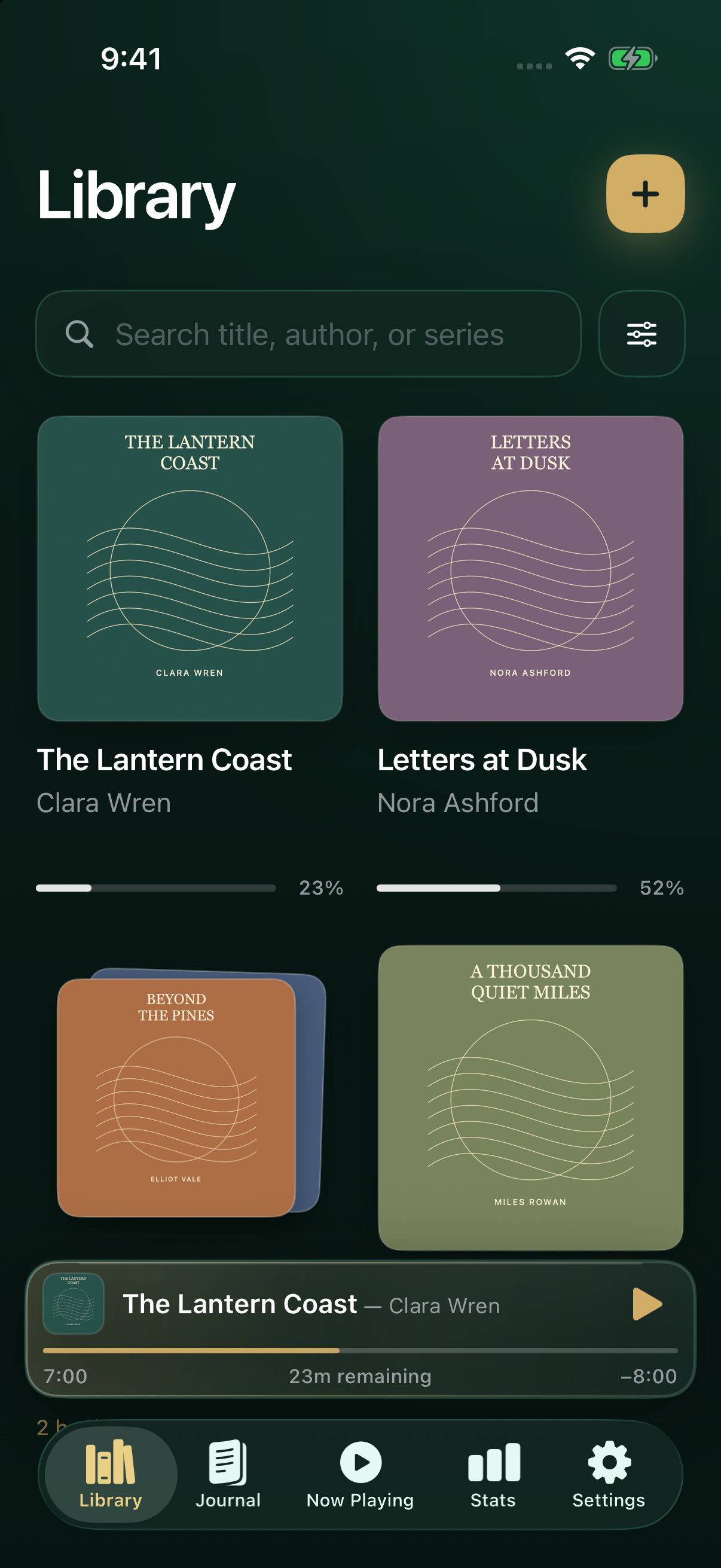 Actual Bookie library, with cover artwork, grouped series, search, and the mini player.